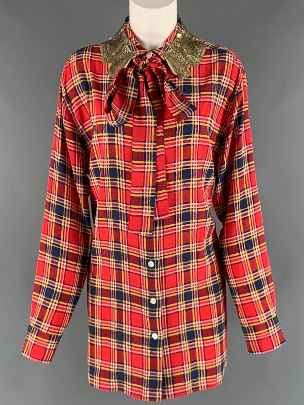 MARC JACOBS Size 8 Red Yellow/Blue Silk Plaid Long Shirt